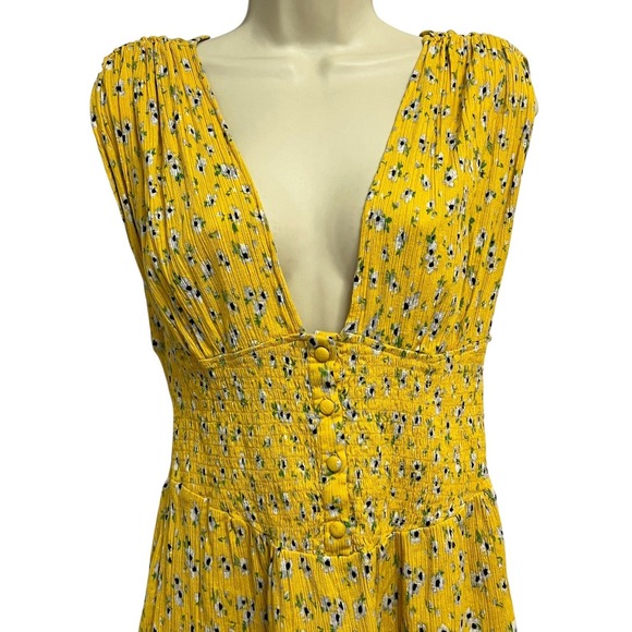 ASOS DESIGN Mini Dress Womens 8 Yellow Floral Deep V Smocked Sundress Ruffle - Picture 3 of 11